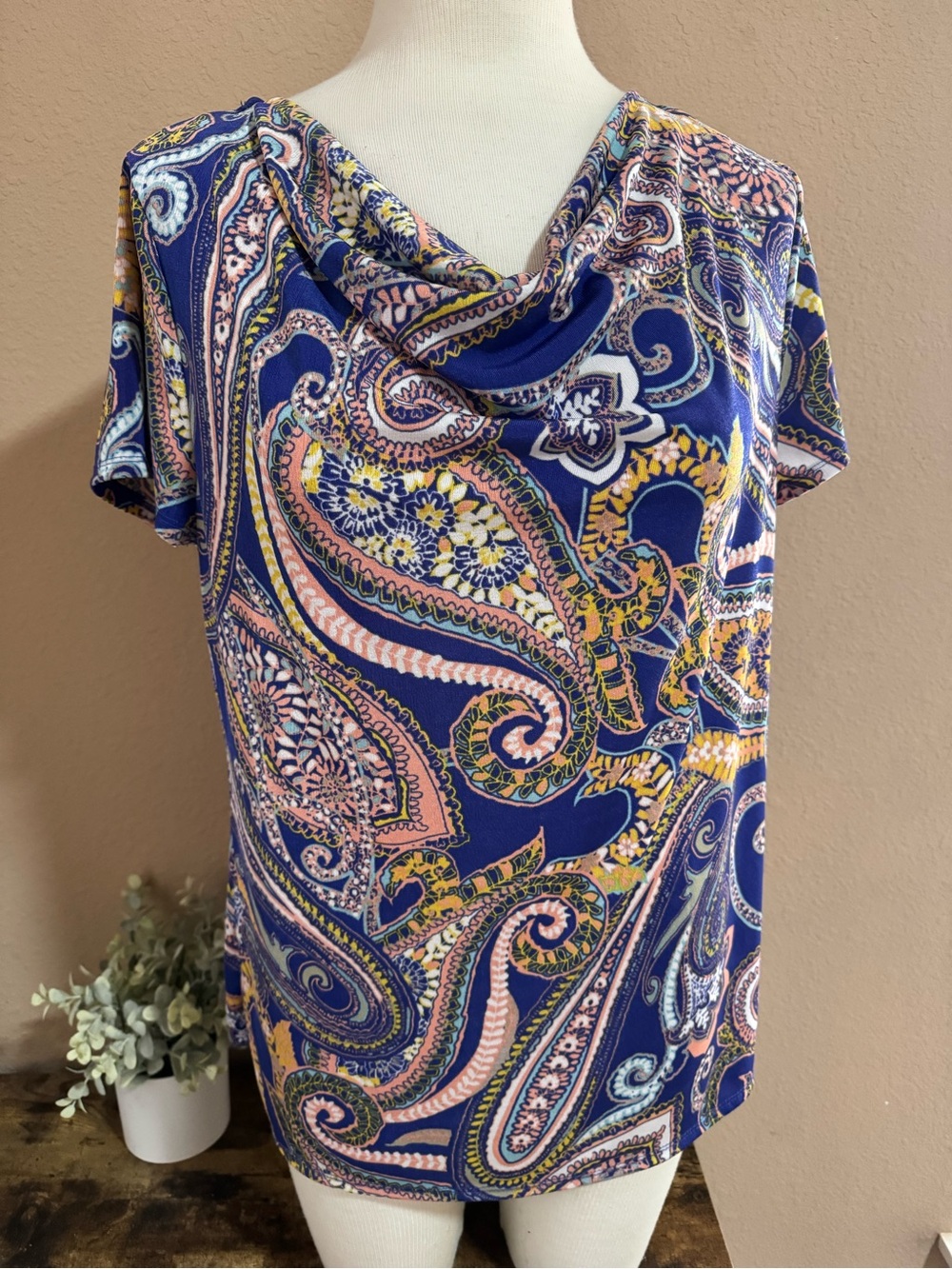 Jaclyn Smith Navy Paisley Cowl Neck Short Sleeve Top